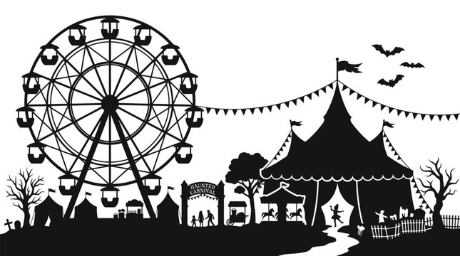 Haunted carnival silhouette featuring a giant ferris wheel and spooky circus tent under dark flying bats