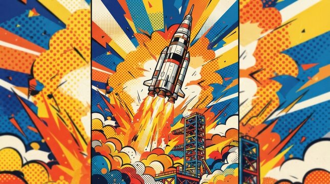 Retro comic book style rocket launch illustration