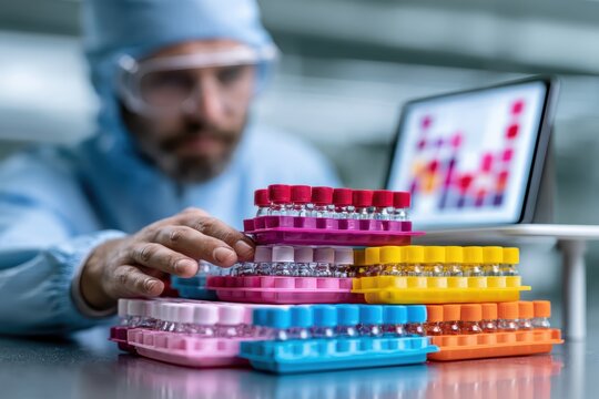 Adult technician in clean protective attire sorting clean empty glass vials into distinct reusable industrial collection trays.