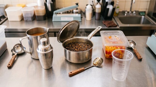 Bubble tea assembly station with pearls, tea, and dedicated utensils