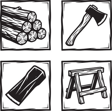 Set of woodworking tools and materials including logs, axe, wedge and sawhorse winter