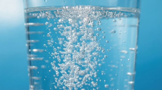Clear sparkling water in a glass with rising air bubbles against a blue background