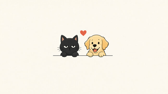 Cartoon black cat and golden retriever puppy with a heart