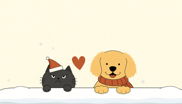 Cartoon cat and dog in winter with Christmas hat and scarf