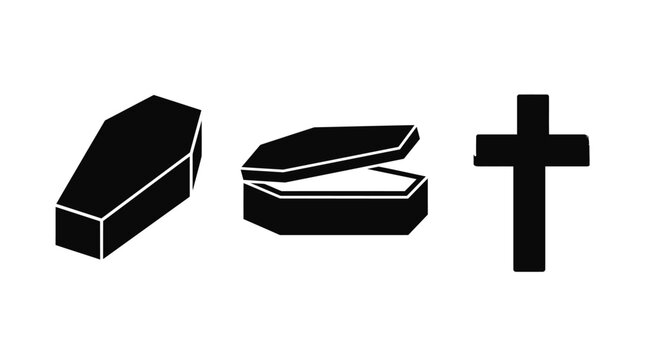 Black funeral coffins and religious cross symbols depicted as minimal flat vector icons for design projects