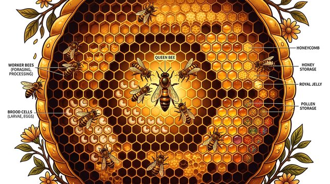 Educational honeycomb diagram showing honeybee life cycle and storage.