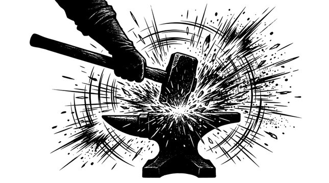 Hammer striking an anvil with sparks flying illustration.