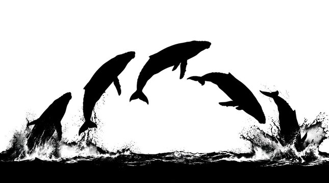 Whale breaching and diving silhouette sequence in water splashes.