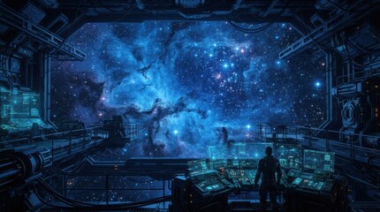 Fototapeta premium Astronaut looking out a large spaceship window at a blue nebula in outer space