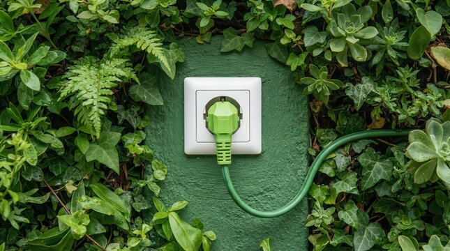 Green plug plugged into wall outlet surrounded by lush green foliage