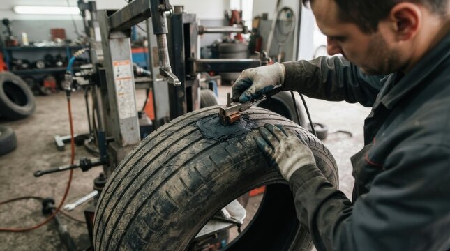 Mechanic vulcanizing and repairing car tire in auto repair shop