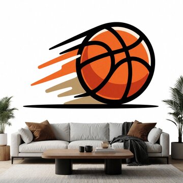 Orange basketball with black lines rolls fast on plain background. Motion lines create sense of speed and action. Dynamic graphic represents sport game or practice. Sport illustration conveys energy.