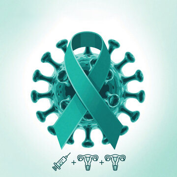 Teal ribbon symbol over HPV virus cell. Medical icons show vaccine syringe, female reproductive system. Graphic for HPV awareness day, cervical cancer prevention, health campaign, women wellness.