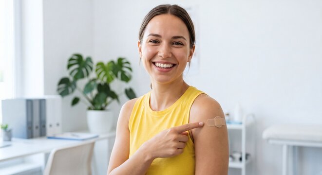 Smiling young woman showing shoulder bandage patch after vaccine, cheerful female patient sitting in clinic. Happy girl receives viral immunization injection protection during healthcare.