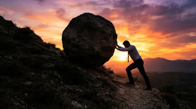 Businessman pushing a heavy boulder up a hill at sunset