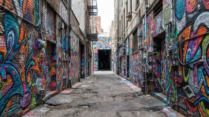 Fototapeta premium Narrow urban alleyway covered in colorful graffiti art