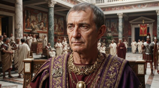 Roman Emperor in purple toga inside an ancient palace with guards and senators