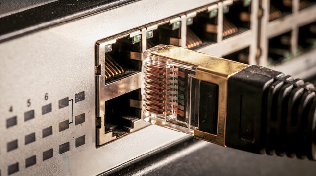 Ethernet cable connected to network switch with multiple ports and LED indicators visible