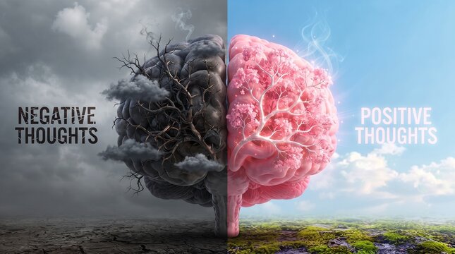 Mental health concept of negative thoughts versus positive thoughts, human brain split between dark storm and bright sunny landscape, psychology metaphor