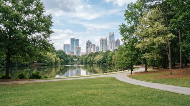 Piedmont Park and Atlanta skyline view across the lake