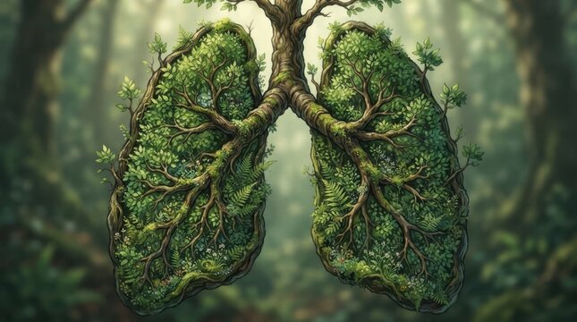 Human lungs shaped like tree branches with green leaves in a forest