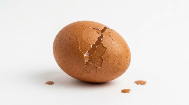 Cracked brown egg with small shell fragments nearby