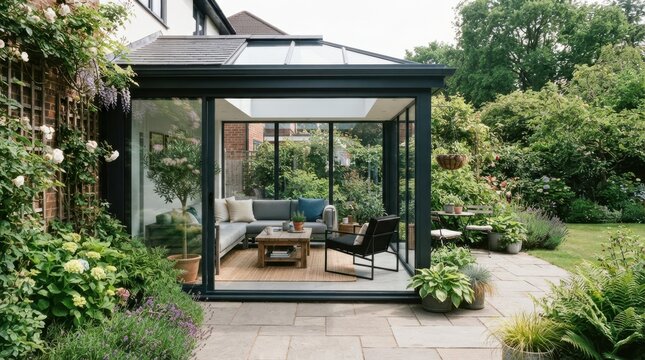 Modern glass conservatory extension attached to a house overlooking a green garden
