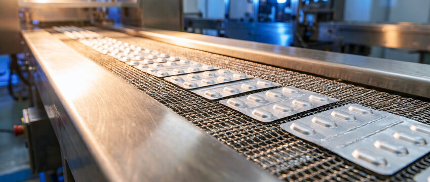 Pharmaceutical manufacturing conveyor with blister packs of medication moving through production line