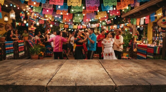 Wooden table with blurred Mexican fiesta celebration in background