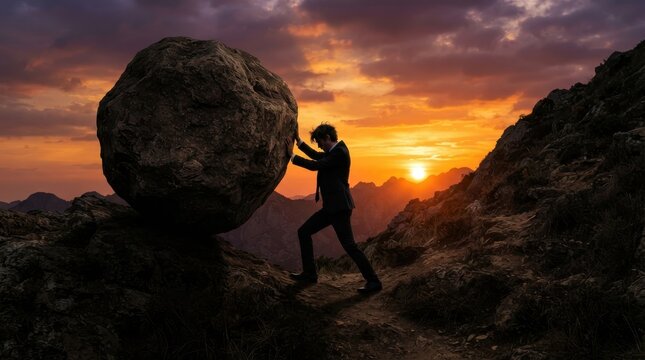 Businessman pushing a heavy boulder up a mountain at sunset