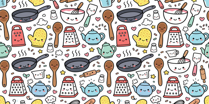 Cute kawaii kitchen utensil seamless pattern vector background featuring happy frying pan teapot grater mitt whisk bowl and spoon doodles