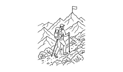 Obraz premium Mountain Traveler Hiking Toward Summit Black and White Line Art Vector