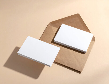 Blank white business cards displayed on kraft paper envelope