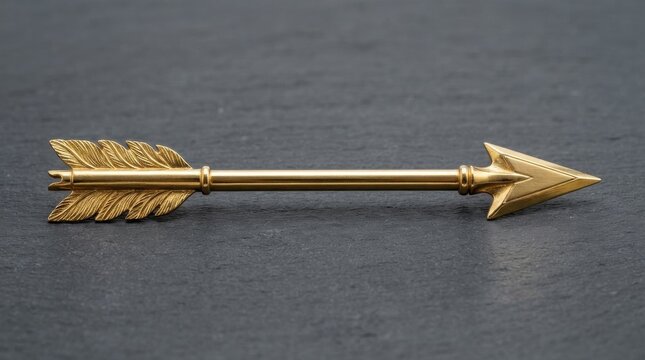 Golden arrow brooch with detailed fletching on a dark stone surface