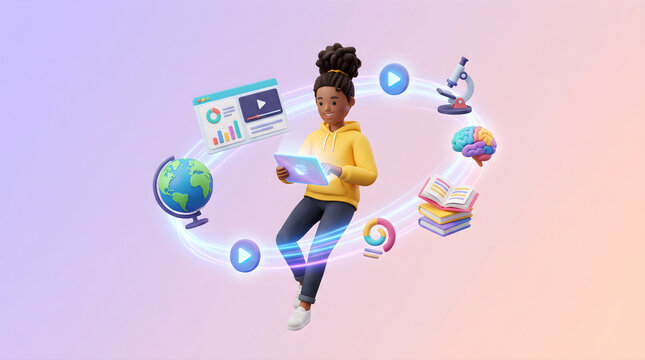 Young black girl jumping joyfully while holding a tablet surrounded by floating educational 3D icons, interactive digital learning concept.