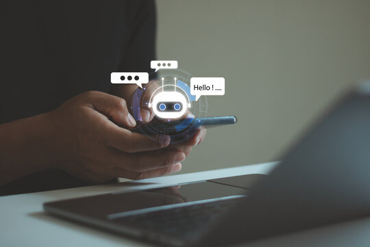 Person chatting with digital assistant chatbot on mobile phone application, Future of customer service man utilizes AI chatbot for instant assistance. AI Artificial Intelligence, Digital chat bot.
