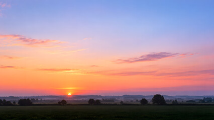 Obraz premium Wide panoramic sunrise over flat green fields with pink and purple sky