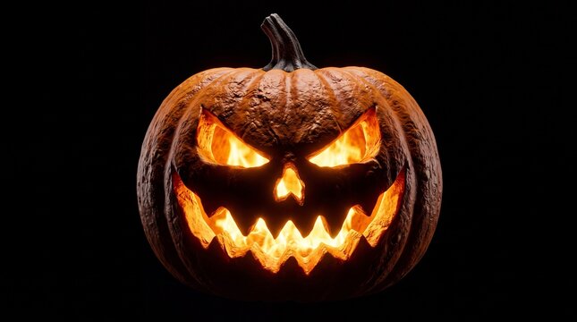 A carved orange pumpkin with a scary face glowing brightly from within against black background with glowing fiery interior interior sits isolated