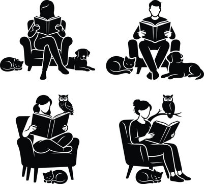 Readers with pets a set of black silhouettes on a white background reading reader literature