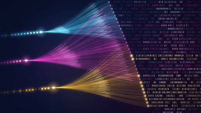 Binary code streaming from glowing fiber optic light trails on dark blue background