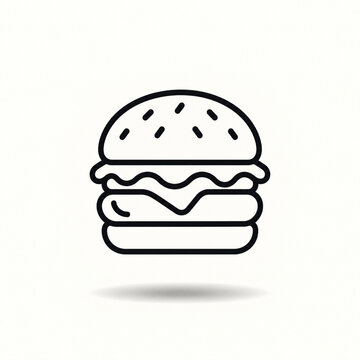 Minimal black line art burger floating above a soft shadow on an off white background