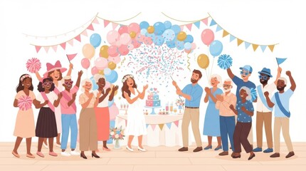 Fototapeta premium Friends and family gather to celebrate a gender reveal party with balloons and confetti. Excitement fills the air as guests react.