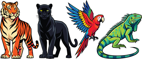 Obraz premium Tropical jungle animal vector element collection featuring a standing tiger black panther flying macaw parrot and iguana