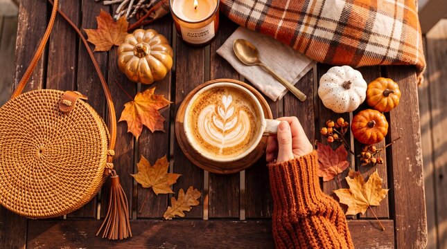 A person holding a warm latte on a wooden table decorated with pumpkins with surrounded autumn decorations person knitted sweater