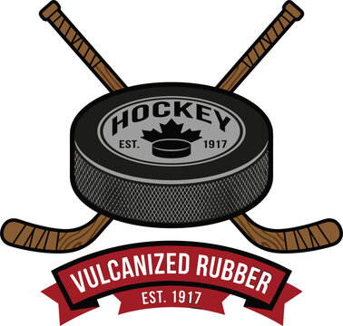 Vintage ice hockey logo vector with crossed wooden sticks puck maple leaf and vulcanized rubber banner for sports team championship apparel crest