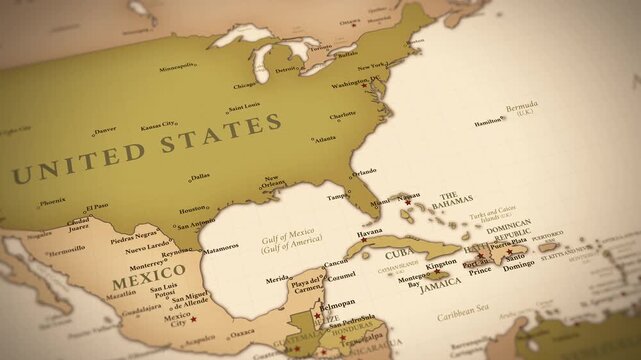 Vintage Caribbean Map Animation &ndash; United States to Caribbean Camera Movement