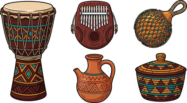 African traditional musical instruments and cultural elements vector set including djembe drum kalimba maraca and pottery