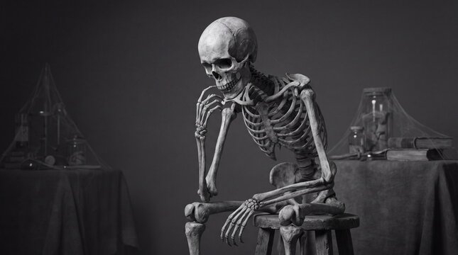 A human skeleton sits on a wooden stool while resting its chin on a hand with contemplative pose against against dark background