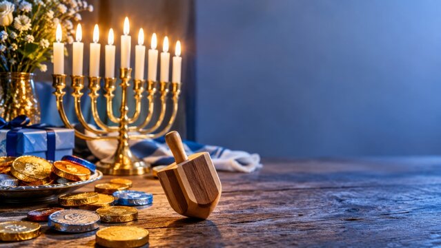 A wooden dreidel sits on a wooden table amidst chocolate gelt coins. In the background, against a blue backdrop, stands a menorah with lit candles. Hanukkah celebrations.