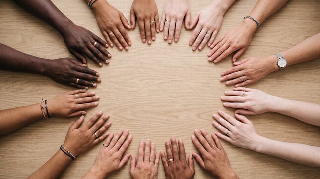 Diverse hands forming a circle symbolizing unity and equality for Human Rights Month